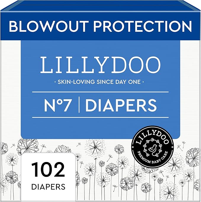 LILLYDOO Baby Diapers - Size 7 (33+ lbs), Monthly Supply (102 Count), Leak Protection, Skin-Friendly, Ultrasoft, Perfume- & Chlorine-Free, Hypoallergenic, dermatologically Tested, Oeko-TEX®