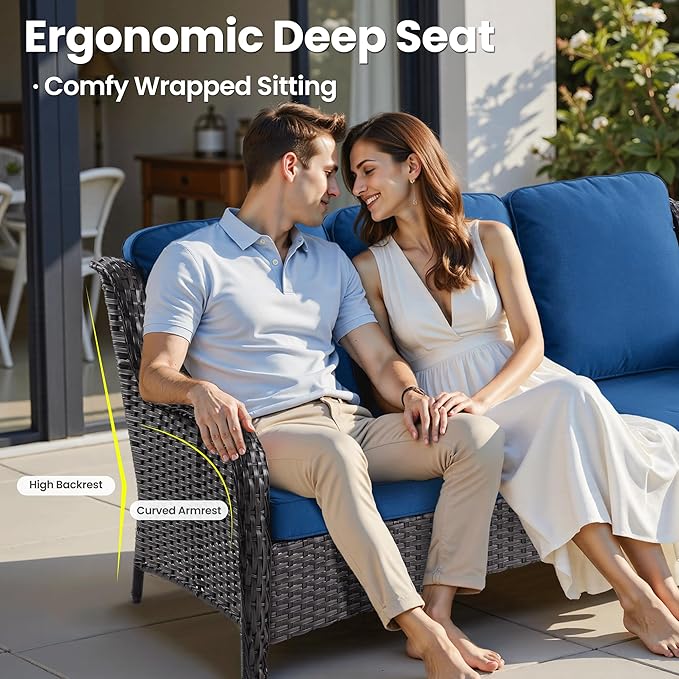 ovios 5 Pieces Patio Furniture Set with 30" Fire Pit Table, Outdoor Wicker Sofa with Loveseat, Comfy Cushions, High Back Couch Conversation Set, Brown Rattan, Navy Blue
