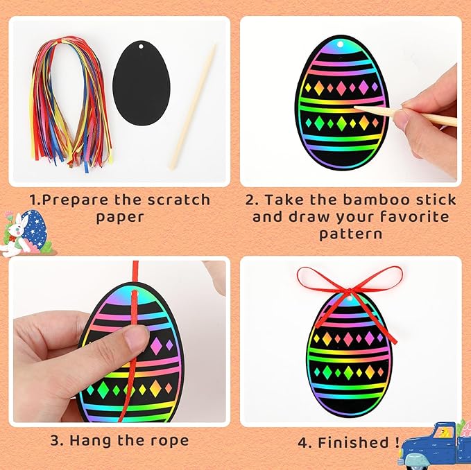 JULMELON 36 PCS Easter Egg Scratch Art for Kids, Rainbow Magic Scratch Paper Easter Crafts for Kids Gifts School Classroom Activities Project Party Favors Basket Fillers