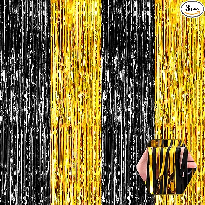 3 Pack Black Gold Foil Fringe Curtain Backdrop, 3.28Ft x 6.6Ft Metallic Tinsel Foil Fringe Streamer Curtains for Photo Booth, Christmas Day, Thanksgiving, Wedding, New Year Party Decorations
