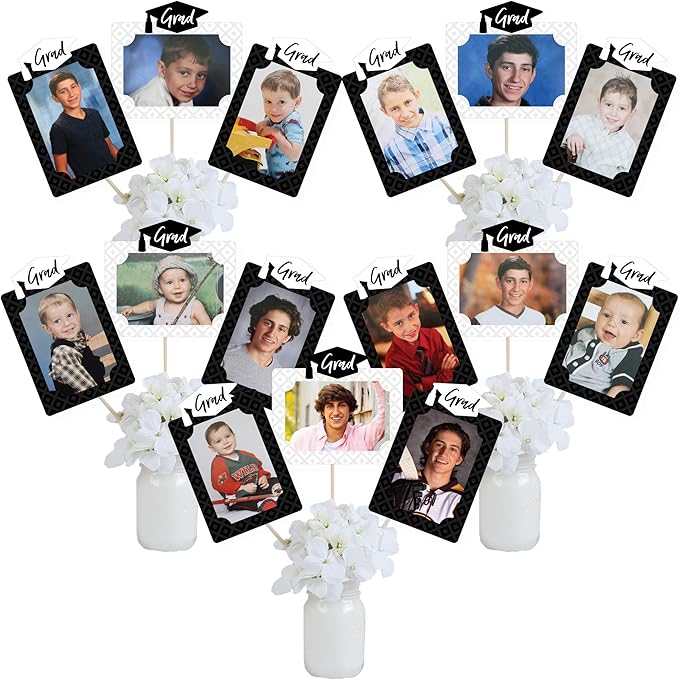 Graduation Photo Display Centerpiece Kit - 15 Double-Sided Photo Table Topper Sticks, Vertical and Horizontal 4x6 Picture Holders, DIY Party Decoration Set - Black and White Grad