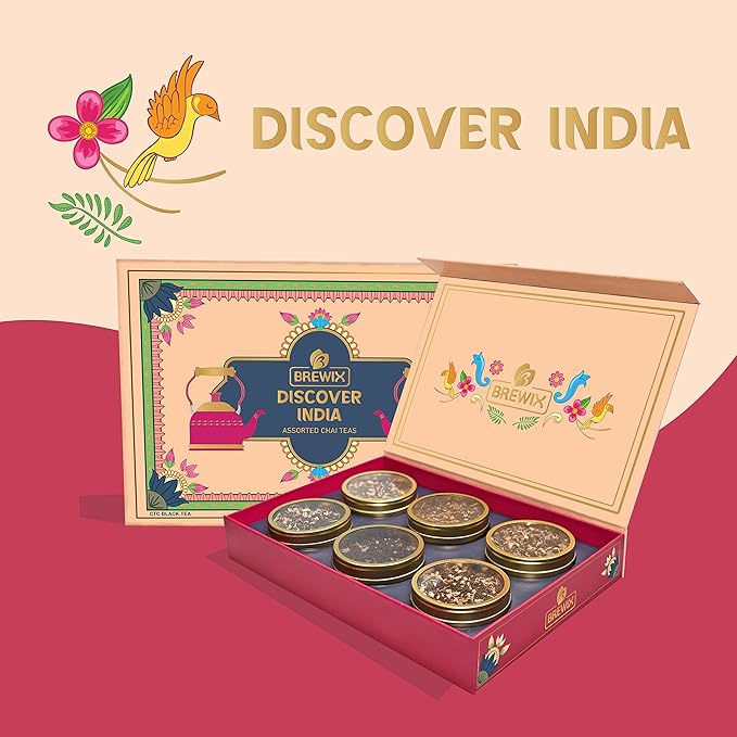 BREWIX, Discover India Premium Black Tea Christmas Gift Box (6.34oz/90+ Cups) | Tea Gift Sets For Tea Lover | 6 Unique Chai Teas | Best for Birthdays, Anniversaries & Holidays