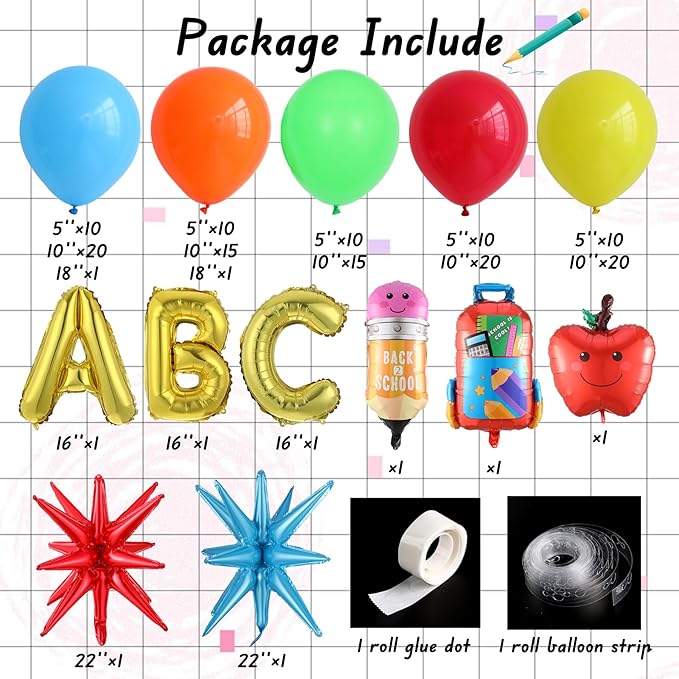 Back to School Balloon Arch Garland Kit,152Pcs Rainbow Balloons with Pencil Apple Schoolbag ABC Foil Balloons for First Day of School Kindergarten Graduation Back To School Classroom Party Decorations