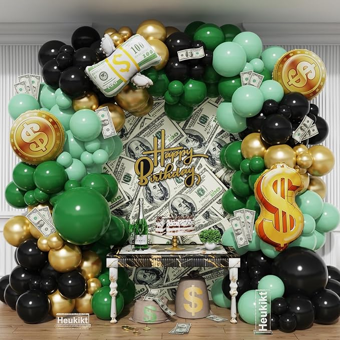 150Pcs Dollar Balloon Arch Kit, Green Metallic Gold Black Balloons with Dollar Foil Balloons for Birthday Money Theme Casino Anniversary Poker Night Party Decorations