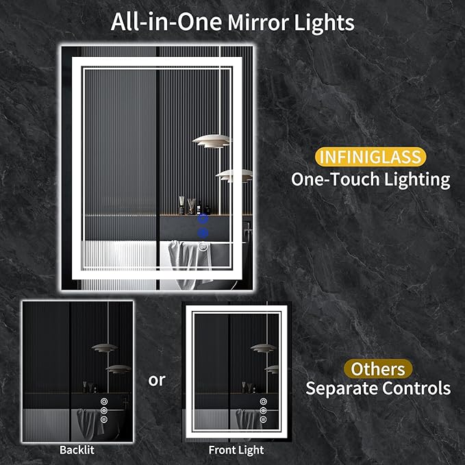 36"x24" LED Bathroom Mirror with Anti-Fog, Stepless Dimmable Lights, 3 Color Modes, Shatter-Proof Tempered Glass, Memory Function & Waterproof Design