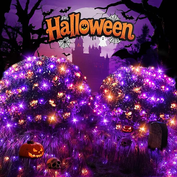 LitHome 14.8FT x 5FT Halloween Net Lights, 300 LED Purple Orange Bush Lights with 8 Modes, Connectable Waterproof Net Mesh Light Dark Green Wire for Bushes Shrubs Trees Outdoor Holiday Decor