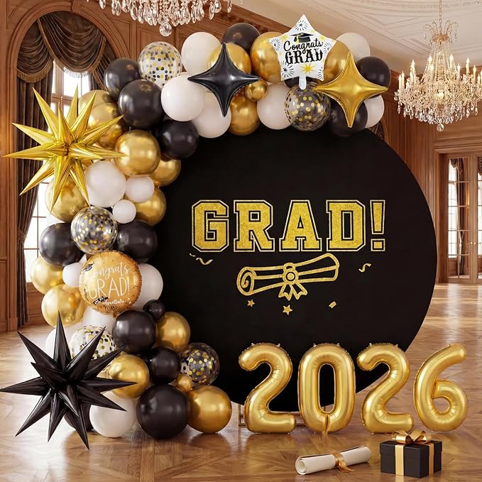 Gold and Black Graduation Balloon Arch Kit 2026, Gold Number 2026 Balloons confetti with Explosion Star Round Congrats Grad Foil Balloon for College High School Class of 2026 Graduation Decorations