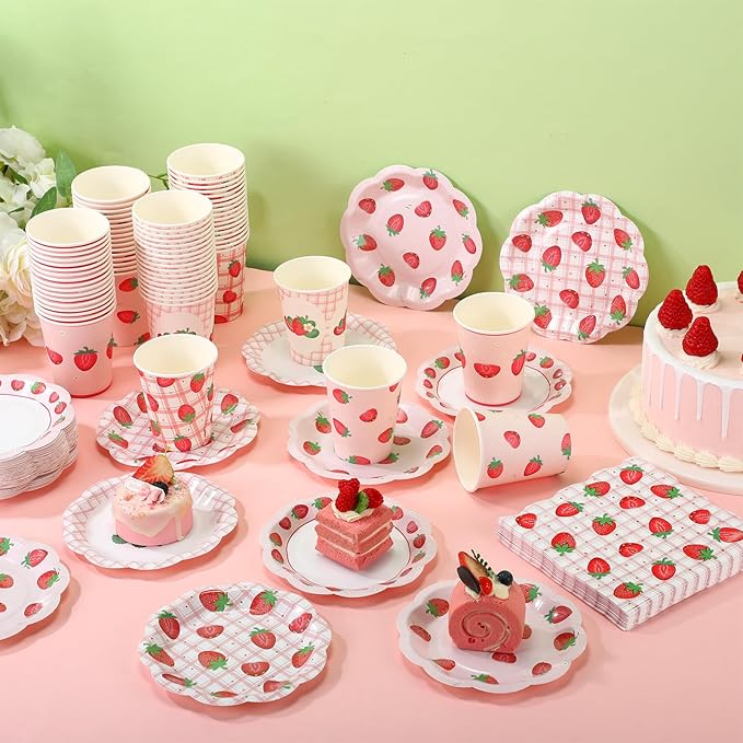 Yungyan 108 Pcs 36 Guest Strawberry Party Paper Plates and Napkins Strawberry Decoration Disposable 6" Scalloped Dessert Plates 9 oz Cup Tableware Set for Baby Shower Berry First Birthday Supplies