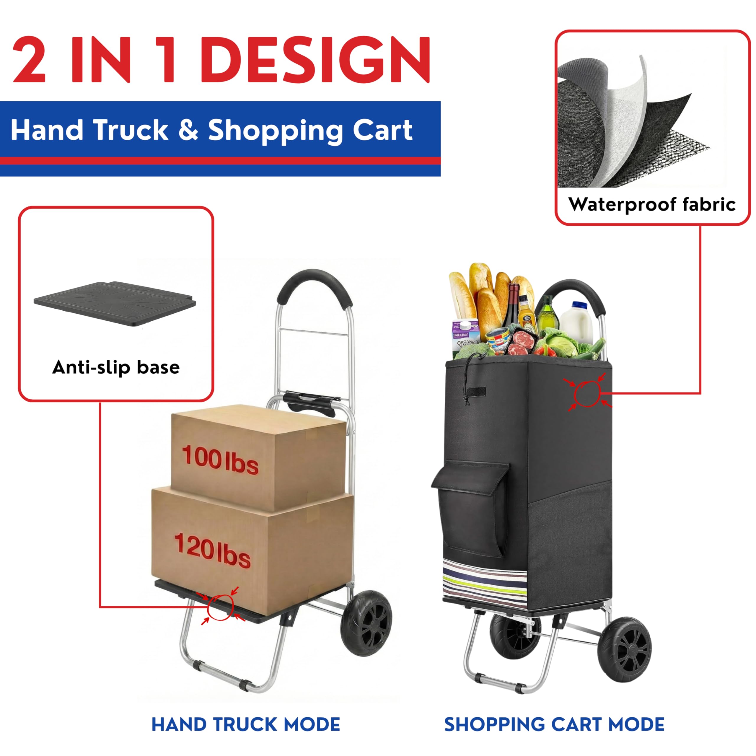 Shopping Cart, Super Loading Grocery Trolley, 220 lbs Capacity, Foldable Cart with Extra Large Black Shopping Bag Portable Grocery Utility Cart With Adjustable Bungee Cord