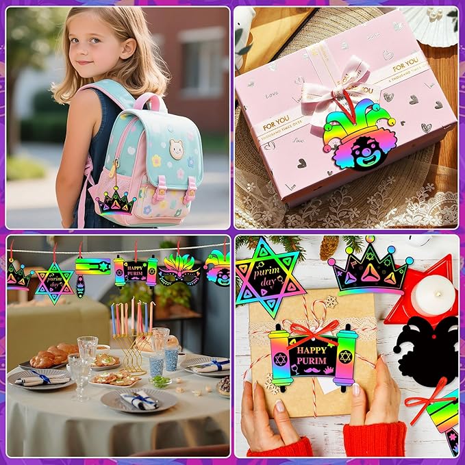 JULMELON 36PCS Purim Day Scratch Cards, Jewish Holiday Magic Color Rainbow Paper Purim Crafts for Kids DIY Art Painting Project Supplies for Purim Decorations School Classroom Activities
