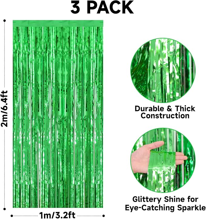 jijAcraft 3 Pack Metallic Green Tinsel Foil Fringe Curtain, Jungle Party Decorations, Emerald Green Party Photo Backdrop for St Patrick's Day Dinosaur Party Graduation Christmas Garden Party Decor