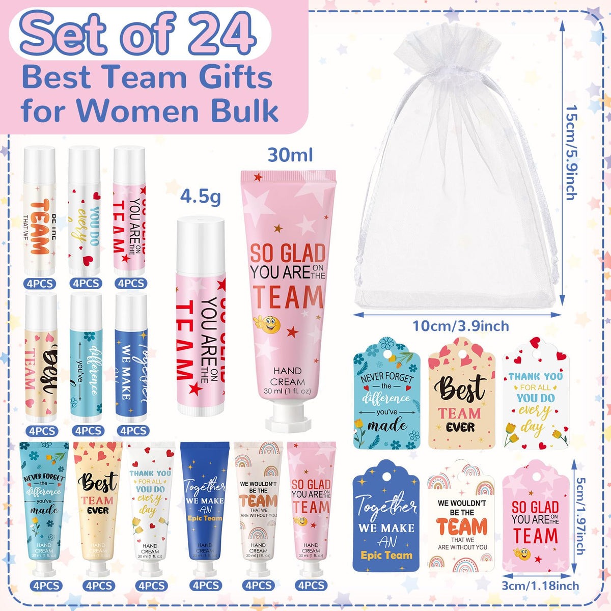 Dansib 24set/96pcs Best Team Ever Gifts Team Appreciation Thank You Gifts for Coworkers Women Employee Appreciation Gift Party Favors Basket Stuffers Items Travel Hand Lotion and Lip Balm Set