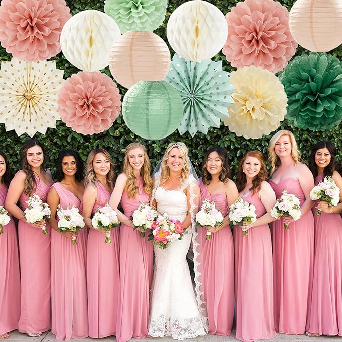 Sage-Green Pink-Beige Boho Party-Decorations Streamers - 14pcs Rustic Neutral Wedding Olive Paper Honeycomb Lanterns Fan,Birthday Baby Bridal Shower Engagement Decor Lasting Surprise