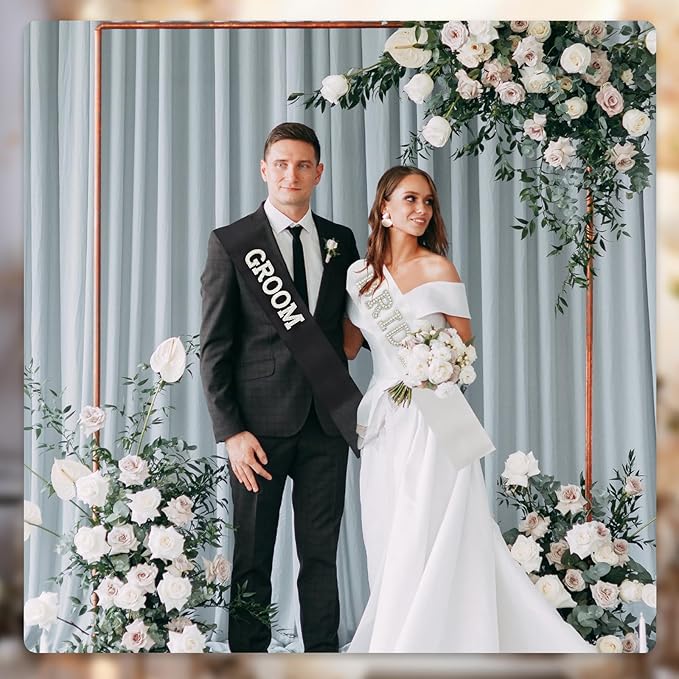 2Pcs Pearl Bride & Groom Sash Set – Bride Sash and Groom Sash, Wedding Engagement Decoration(White & Black, Extra Large)