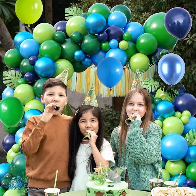 FunHot Blue Green Balloon Arch Kit, Dinosaur Balloon Garland Kit with Fruit Green Dark Navy Blue Latex Balloons for Boys Baby Shower Jungle Safari Kids Dinosaur Themed Birthday Party Decorations