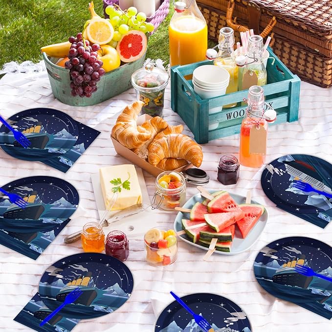 chiazllta 96 Pcs Nautical Party Paper Plate and Napkins Cruise Ship Classic Movie Birthday Party Table Decorations Supplies Ocean Tableware for 24 Guests