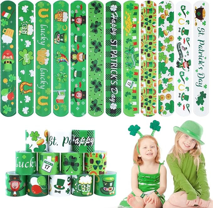 St. Patrick's Slap Bracelets for Kids 36PCS Bulk Shamrock Snap Bracelets St Patricks Day Party Favors Goodie Bag Stuffers Supplies St Patricks Day Accessories Treats Green Irish Gifts Toys for Kids