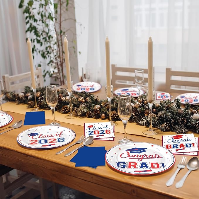 200 Pcs Graduation Table Decorations Party Supplies - Red Blue Graduation Plates and Napkins Class of 2026 Disposable Dinnerware Set for College High School Congrats Grad Party Favors, Serve 50