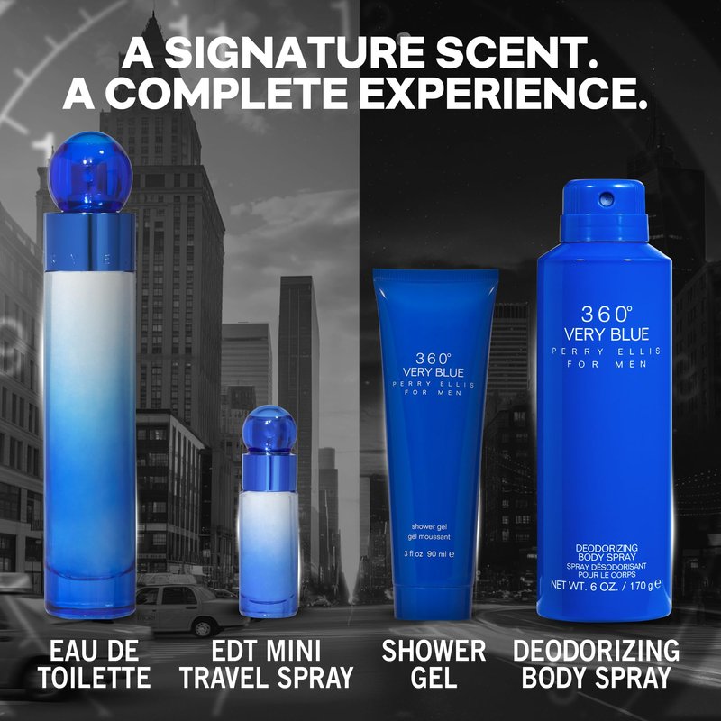 Perry Ellis 360° Very Blue Gift Set - 3.4 fl oz Eau de Toilette, 3 oz Shower Gel, 6 oz Body Spray, .25 fl oz EDT Mini Travel Spray - fresh, aquatic, citrus, clean