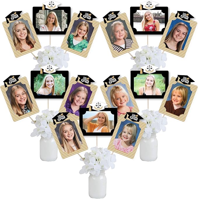Graduation Photo Display Centerpiece Kit - 15 Double-Sided Photo Table Topper Sticks, Vertical and Horizontal 4x6 Picture Holders, DIY Party Decoration Set - Law School Grad