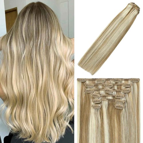 WindTouch Clip in Hair Extensions Real Human Hair #18P613 Mixed Bleach Blonde 70g 12 and 18 inch