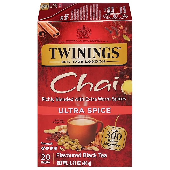 Twinings Chai Tea, Ultra Spice Chai Tea Bags with Cinnamon, Ginger, Cardamon, Clove for a Spicy Chai Tea Latte, 20 Tea Bags