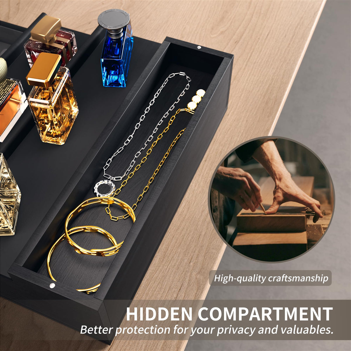 YIKIBOX Cologne Organizer for Men,Wooden Perfume Organizer with Hidden Compartment and Drawer,Cologne Stand and Storage Display Risers for Dresser,Great Gift for Men/Friend(Black)