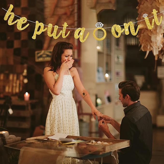 Glitter Gold He Put A Ring On It Banner Pre-Strung Engagement Decorations Bridal Wedding Party Backdrop Sign Garland Bachelorette Party Supplies,NO DIY