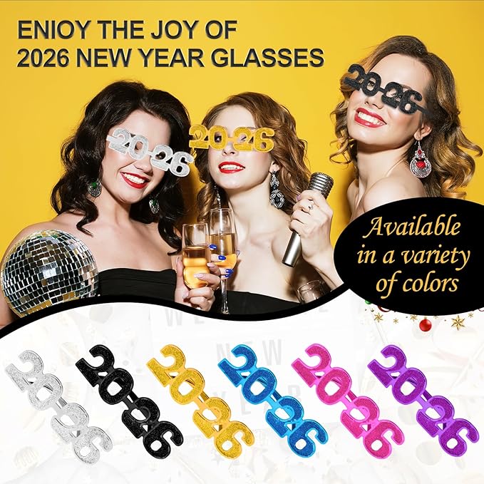 2026 Plastic Glasses Happy New Year Glitter Eyeglasses for 2026 Party New Year Eve Costume Photo Prop Supplies