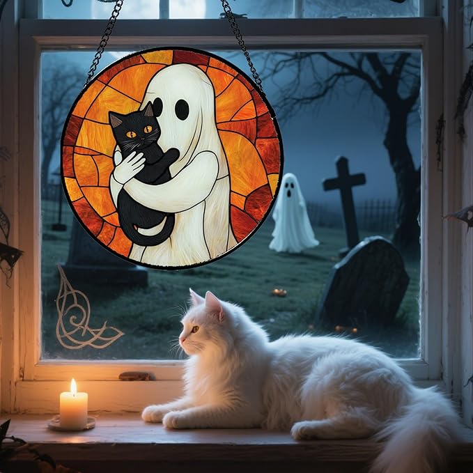 Stained Glass Window Hanging - Halloween Decorations White Ghost Black Cat Suncatcher for Doors Garden Spooky Funny Orange Sun Catchers Gothic Decor Horror Gifts for Women Men Friend 9.8 in