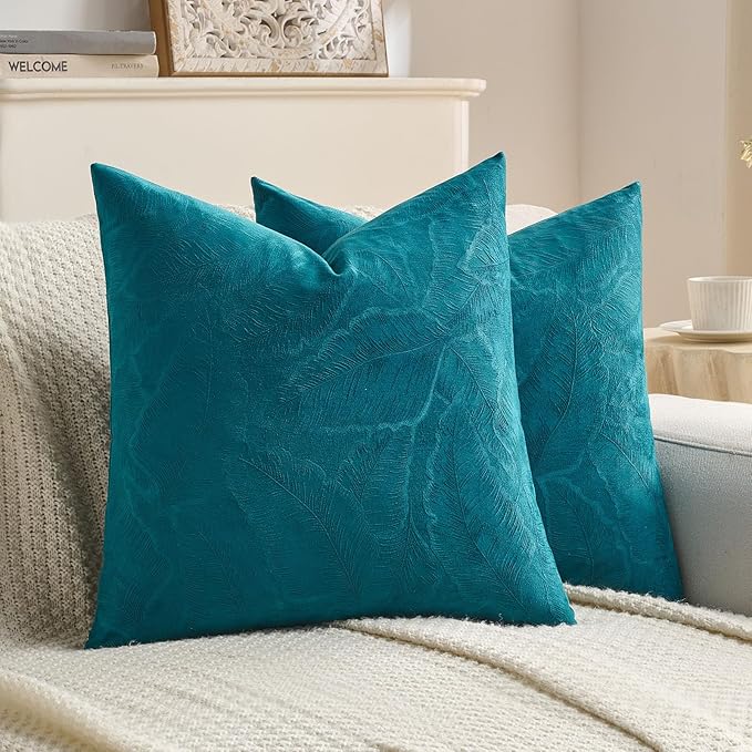 FUTEI Teal Velvet Throw Pillow Covers 22x22 Inch Set of 2,Soft Embossed Leaf-Relief Textured Cushion Cases,Natural Home Decor for Couch Living Room