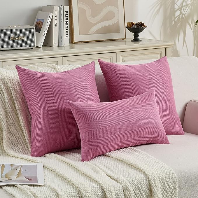 FUTEI Hot Pink Chenille Throw Pillow Covers 18x18 Inch Set of 2,Soft Wide Chevron Textured Cushion Case,Farmhouse Home Decor for Couch Bed Living Room