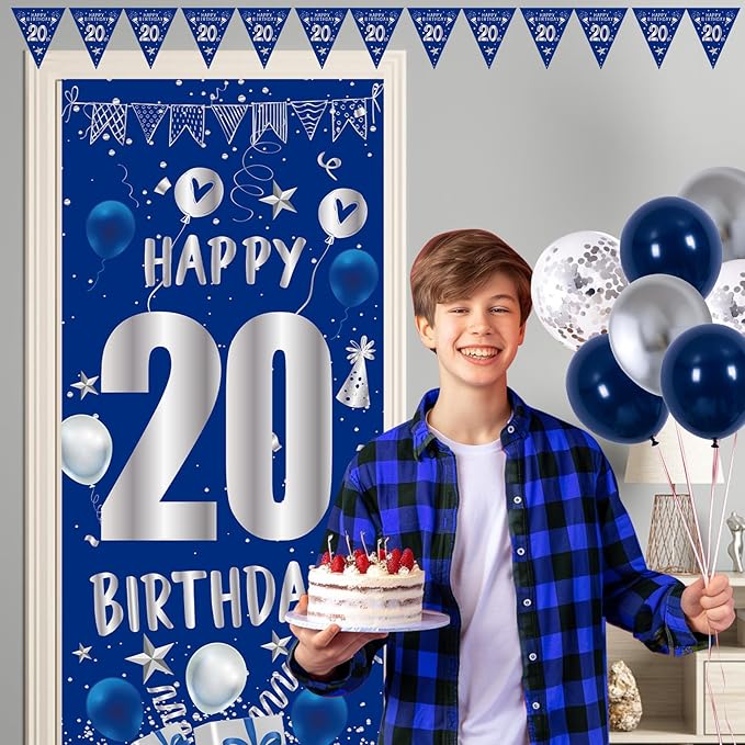 20th Birthday Decorations for Men Boys, Blue Silver Happy 20th Birthday Decorations Boys Girls with Bday Backdrop Banner Balloons Hanging Swirls Triangle Flag, 20 Year Old Party Supplies for Him