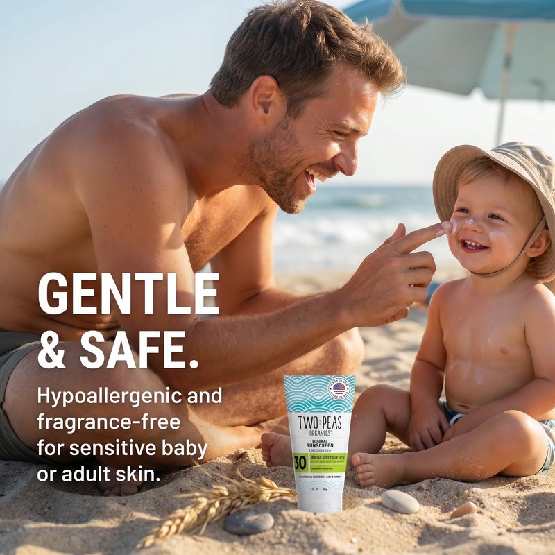 Two Peas Organics Mineral Sunscreen SPF 30 Lotion, Non-Nano Zinc, Reef Safe, Baby & Family Sensitive Skin, Water-Resistant 80 Min, Unscented, Organic & Cruelty Free, 3 oz Single pack