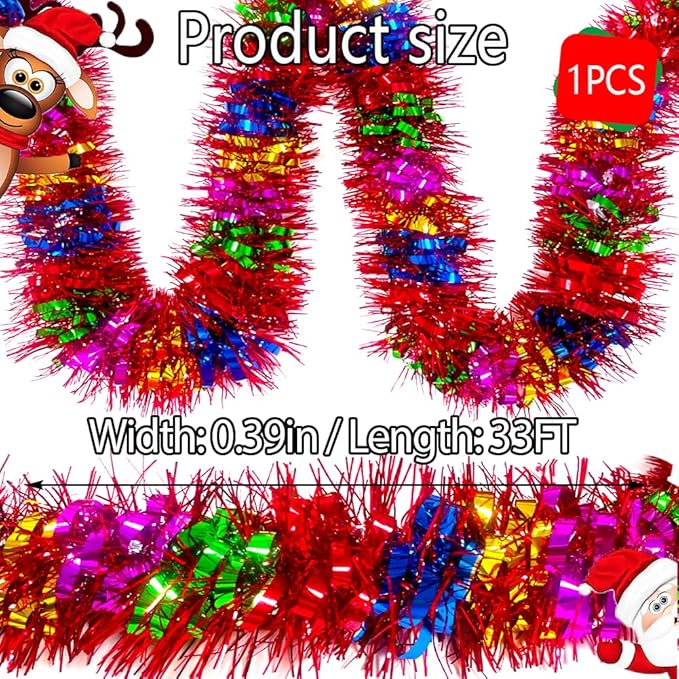 33Ft Long Tinsel Twist Garland Shiny Thick Metallic Foil Xmas Tree Decorations for Birthday Party Christmas New Year Parties Parade Floats and Other Holidays Hanging Decor Supplies-(Colours+Red)