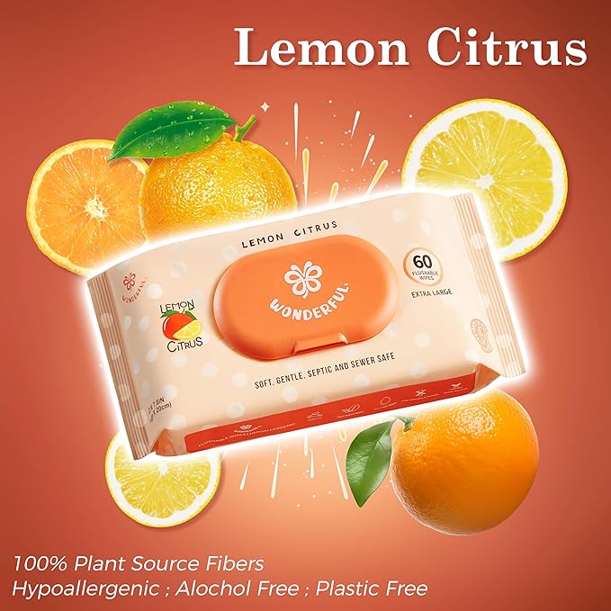 WONDERFUL Flushable Wipes, Lemon Citrus 100% Plant-Based Wet Butt Wipe for Adults & Kids, Sewer Septic Safe, Gentle for Sensitive Skin, Wipes Flushable Pack for Bathroom & Travel, 6-Pack (360 Counts)