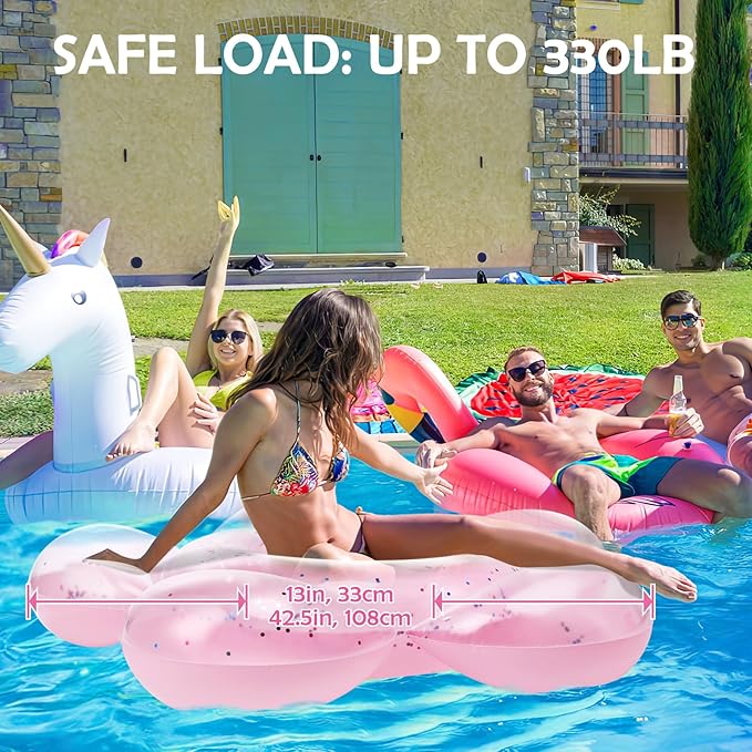 HeySplash Pool Floats for Adults, Large Floats Inflatable Floatie Loungers with Glitter, Swim Tube River Lake Wedding Bride Engagement Party Decor Toy Raft, Flower Bachelorette Fun Decor, Light Pink