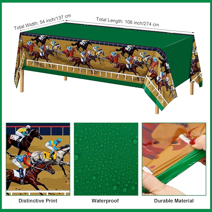 Kochorie 196 Pieces Horse Racing Tableware Set Include Disposable Plates Cups Napkins Banner Plastic Tablecloth Cutlery for Horse Racing Party Supplies, Serve 24 Guests