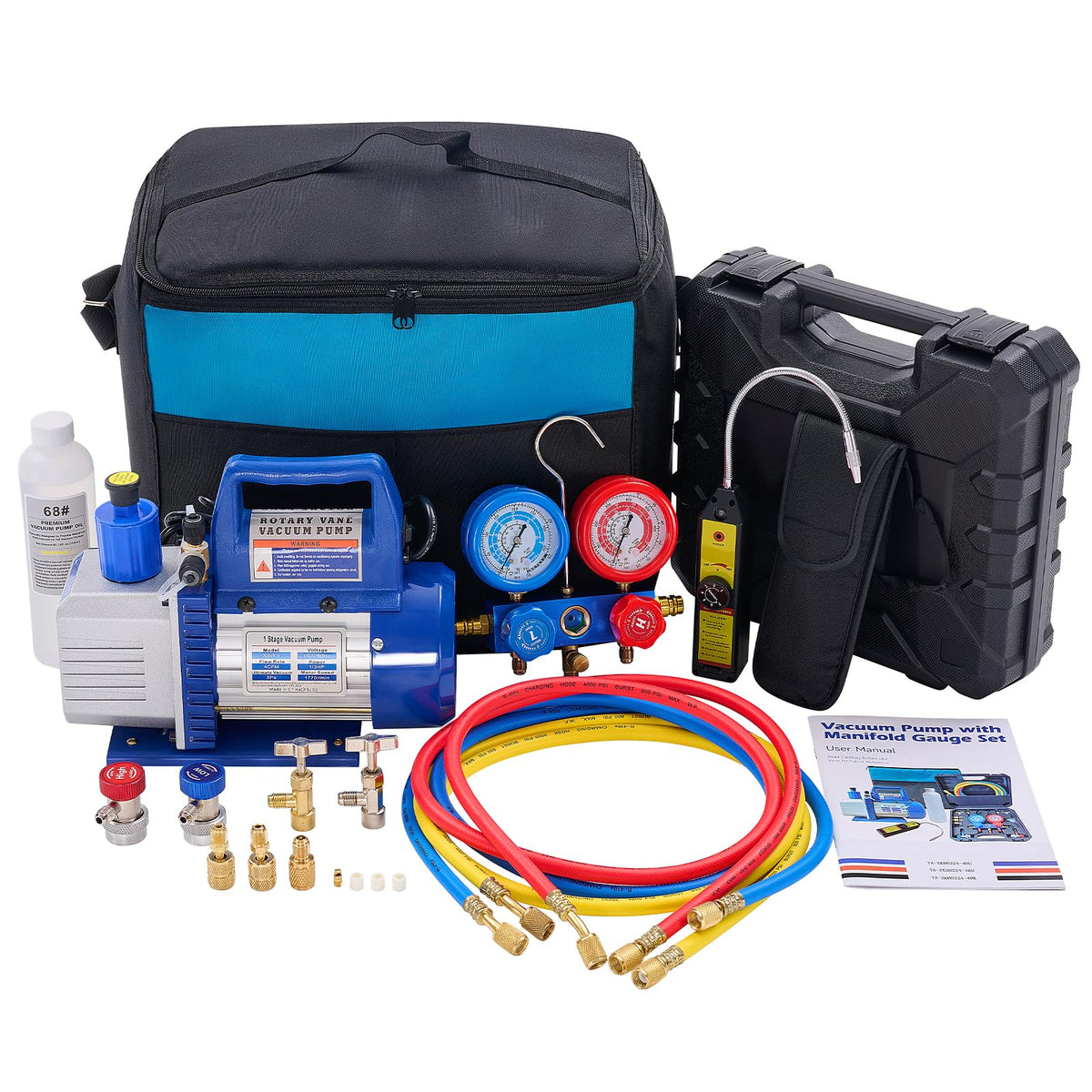 OLIXIS 110V 1/3 HP 4CFM Single Stage Vacuum Pump Kit with R134a Manifold Gauge Set, Leak Detector, 1/4 Hoses & Carry Bag for HVA