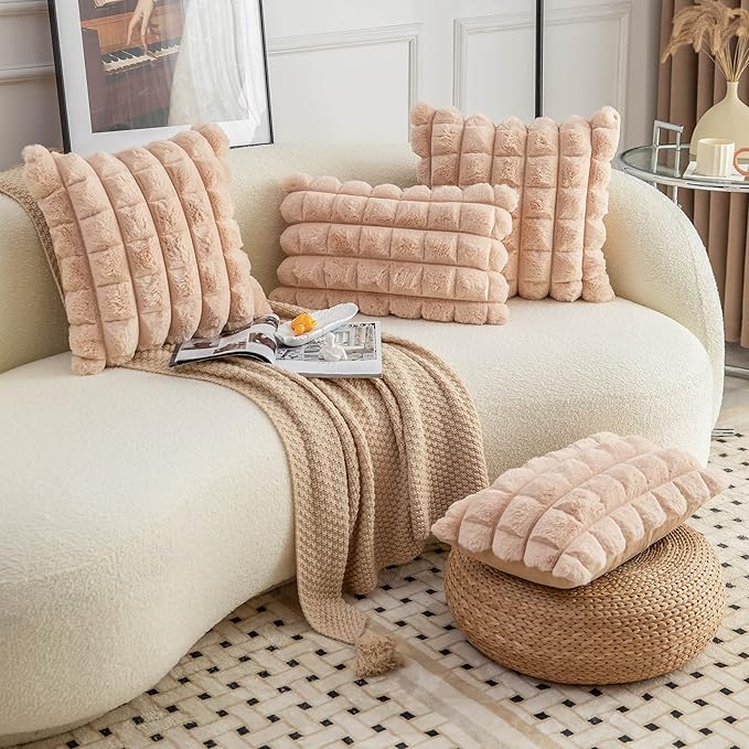 Neelvin Camel Faux Fur Cozy Soft Plaid Decorative Throw Pillow Covers 16x16 inch Set of 2,Velvet Pillowcase Cushion Case for Sofa Couch