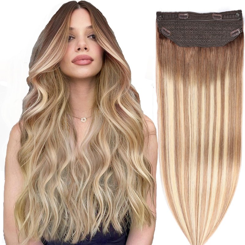 Halo Hair Extensions - Dark Brown to Gold Blonde and Bleach Blonde Adjustable Size Removable Secure，Halo Extensions Real Human Hair, 3/8/22 70g 14Inch