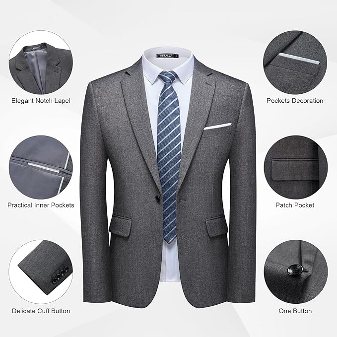 WULFUL Men's 2 Piece Slim Fit Suit Set One Button Blazer Jacket Pants Tuxedo Set for Party, Wedding and Business