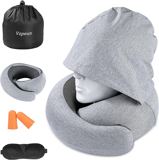 Travel Pillow - Hooded Neck Pillow Airplane Memory Foam Filling for Plane, Office, Cars Sleeping, Road Trip, Long Flights, Portable Plane Accessories, Includes Eye Mask & Earplugs (Light Gray)