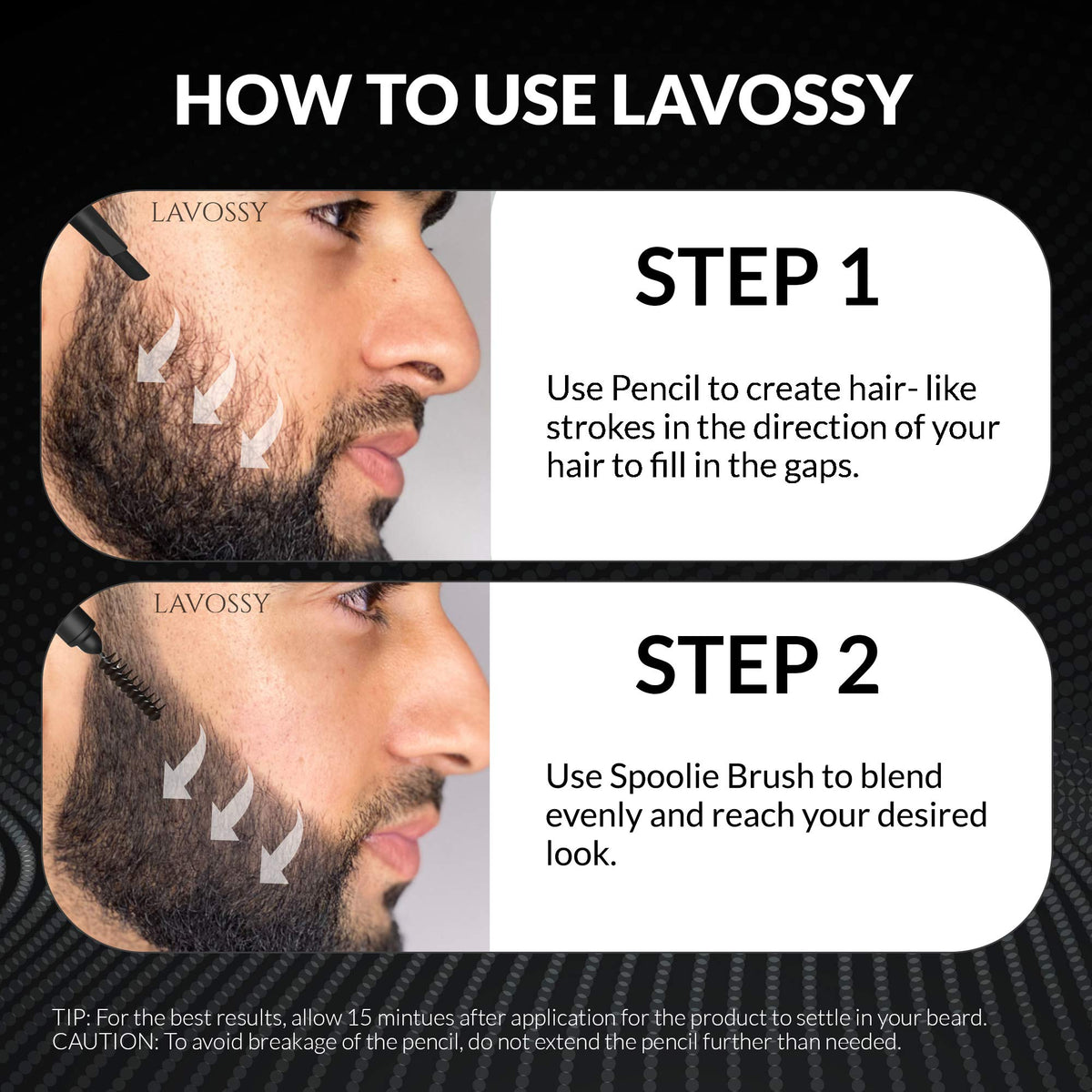 LAVOSSY Beard Pencil Filler for Men - Black, Pack of 3 - Long Lasting and Easy to Use with Blending Brush, Water/Sweat Proof, Fills Patchy Beard, Moneyback Promise