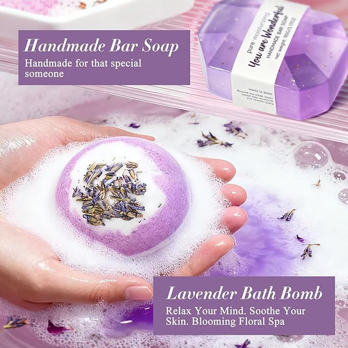 Spa Gifts for Women 7 Pcs Home Spa Kit Lavender Bath Set,Spa Gift Baskets Self Care Gifts Spa Gifts for Women Birthday,Mothers Day Basket Easter Christmas Bath Set