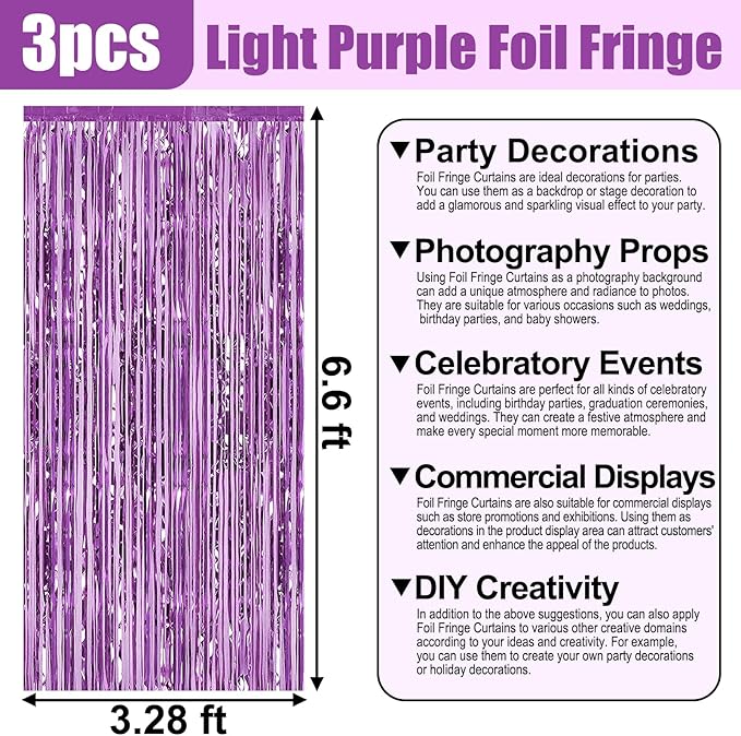 3 Pack Light Purple Foil Fringe Curtain Backdrop, 3.28Ft x 6.6Ft Metallic Tinsel Foil Fringe Streamer Curtains for Photo Booth, Christmas Day, Thanksgiving, Wedding, New Year Party Decorations