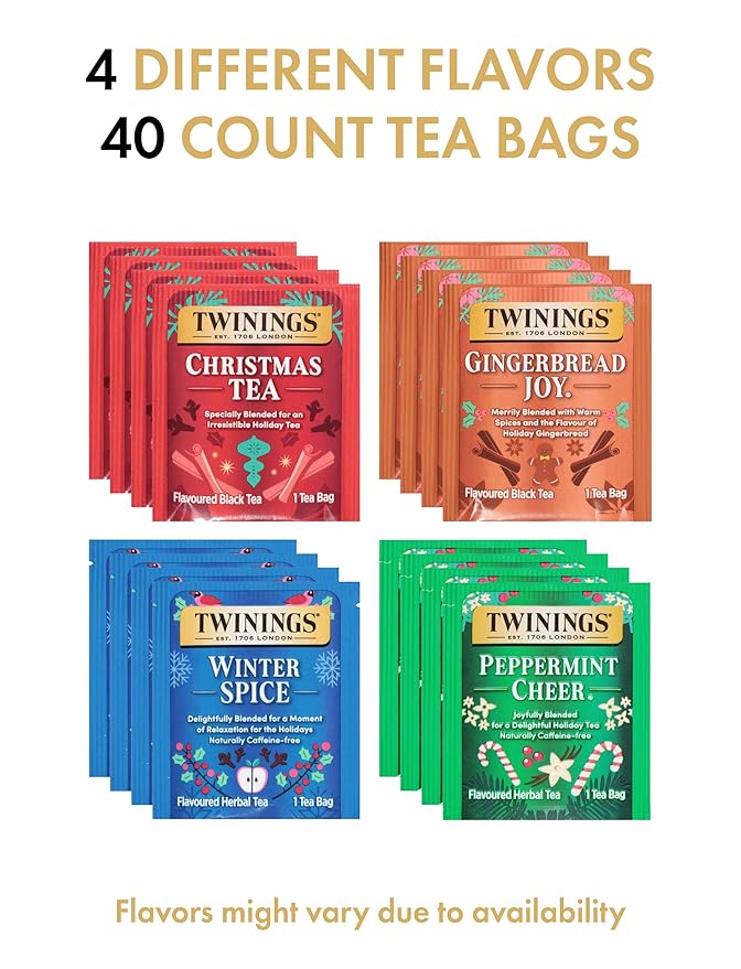 Twinings Christmas Holiday Variety Tea Bag Pack (40 Count) 4 Flavors Include Christmas Tea, Winter Spice, Gingerbread Joy, Peppermint Cheer, Seasonal Gift for Her, Him, Family, Friends