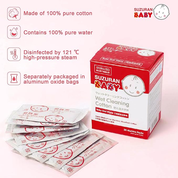 Mouth Wipes Cotton Pure Water, Finger Toothbrush Unscented Sensitive, Lint Free, Baby Oral Care for Gums, Teeth and Tongue Cleaning, Individually Wrapped 30 Packs