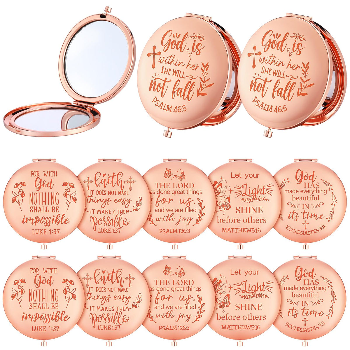 Huwena 12 Pcs Christian Gifts Mirror for Women Bulk Bible Verse Makeup Folding Compact Pocket Mirror Back to School Party Inspirational Religious Gift Teacher Coworker Employee Travel Church Baptism