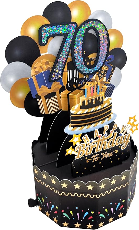 70th Birthday Cards 3D Popup Birthday Greeting Cards - Birthday Greeting Card for Men, Women, Mom,Dad and Grandparents with Blank Note and Envelope Included (Black Gold)